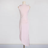 3d flower asymmetric satin slit gown in pink