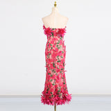 3D flower embroidery strapless midi dress in rose red