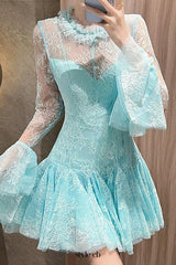 blue Embroidered Flared Mini Dress