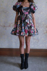 basia floral print ruffle trim hem puff mini dress