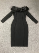 Fuzzy Trim Split Bodycon strapless midi Dress in black