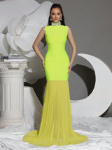 amy Mesh stitching diamond high collar bandage maxi dress in green