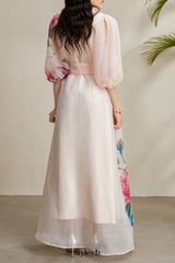 Single-breasted floral printed puff sleeve maxi dress in apricot