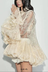 apricot Mesh Lace Ruffled Trumpet Sleeve Shirt Dress Shorts Set