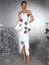 white bodycon midi dress Bandage elastic sling with handmade flower