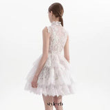 Sleeveless Stand Collar Lace Tutu mini dress in white