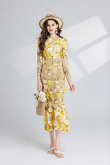 CAROL YELLOW FLORAL EMBROIDERY MESH LONG SLEEVE MIDI DRESS
