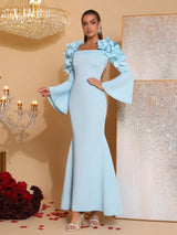 cynthia 3D Flower long sleeve bodycon Maxi Dress in blue