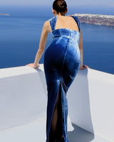 josephine off-shoulder velvet sash gown in blue