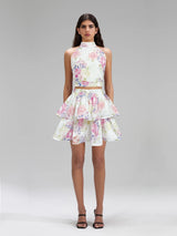 jessica printed backless halter top skirt set in pink