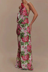 multicolor Floral halterneck high collar maxi dress
