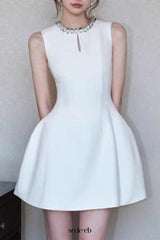 alyssa Round neck diamond sleeveless dress in white