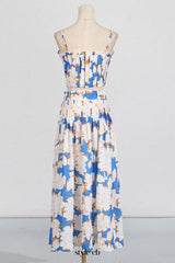 Pleated floral-print linen bustier top skirt set in blue