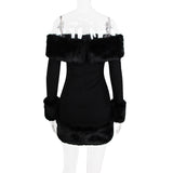rita Black long-sleeve off-shoulder mini dress with fuzzy details
