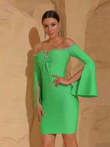 cara Off-shoulder long-sleeve diamond bodycon mini dress in green