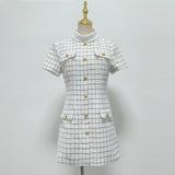 Decorative buttons Check Mini dress in white
