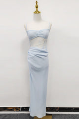 Hollow pleated suspenders with ruffles maxi dress in blue