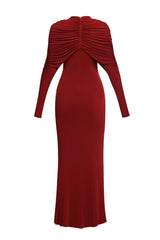bonnie long sleeve pleated knot bodycon maxi dress in red