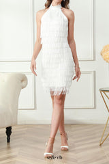 vanessa Halter Sleeveless Tassel Bandage Mini Dress in white