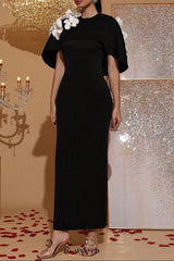 aurora Cape Sleeve back flower maxi Dress in black