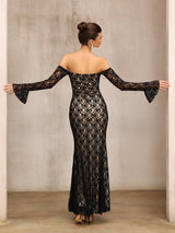anna One-shoulder lace long sleeves maxi dress in black