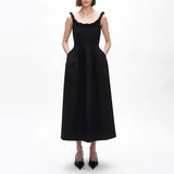 monica Braided shoulder straps midi dress in black