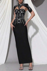 sibyl black Shawl-embellished diamond bandage maxi dress