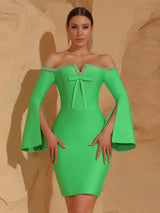 cara Off-shoulder long-sleeve diamond bodycon mini dress in green