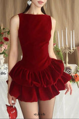 candance Sleeveless puffy velvet mini dress in red