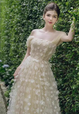 sabrina flower embellished strapless maxi dress in beige