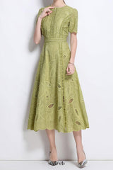 dana hollow embroidery lace midi dress in green