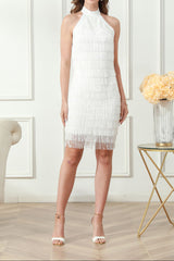 vanessa Halter Sleeveless Tassel Bandage Mini Dress in white
