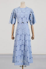 Lace Embroidered Top & Maxi Skirt Two-Piece Set in blue