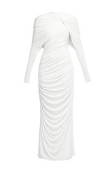 bonnie long sleeve pleated knot bodycon maxi dress in white