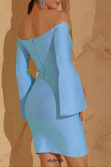 cara Off-shoulder long-sleeve diamond bodycon mini dress in blue