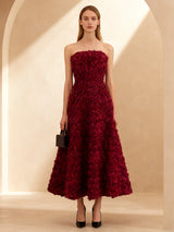 mona 3D Rose Petal Strapless Mesh Maxi Dress in wine red