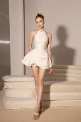 elsa pleated backless Halter mini dress in beige