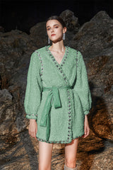 Beige V-Neck Long Sleeve Diamond Stud Coat