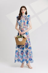 chloe hollow out flower embroidery maxi dress in blue