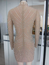 Khaki Tassel Rhinestone Mesh Pearl Hip-Wrap mini Dress