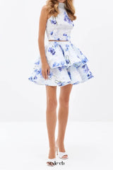jessica printed backless halter top skirt set in blue