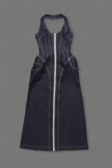 haltered corseted midi dress denim in navy blue
