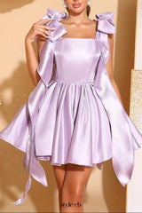 cara Bowknot satin puffy mini dress in purple