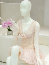 eileen Long-sleeve v-neck lace A-line mini dress in pink