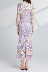 CAROL PURPLE FLORAL EMBROIDERY MESH LONG SLEEVE MIDI DRESS