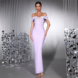 belen Diamond off-Shoulder bodycon Maxi Bandage Dress in pale purple