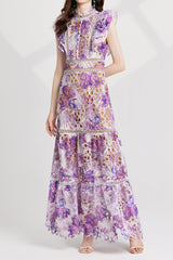 chloe hollow out flower embroidery maxi dress in purple