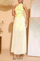aurora 3D flower Splicing bandage mesh maxi dress in yellow