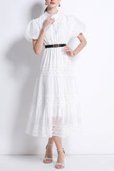 White adelaide lace Belted Trim Midi Dress