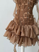 althea ruffle trim fish bones mini dress in brown